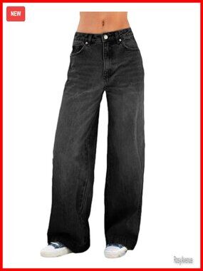 Wide Leg Low Rise Stretchy Denim Jeans Button Fly Pockets